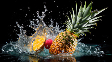 Smooth Fresh ripe organic Pineapple Tropical Fruits slices and falling into water and splashes created with Generative AI Technology 