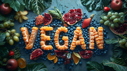 Vegan concept with lettering. Variety of fresh organic fruits and vegetables. Vegan food concept. - obrazy, fototapety, plakaty