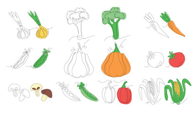 Set of vegetables in continuous line art drawing style. Vegetables minimalist black linear sketch and colored sketch isolated on white background. Vector illustration