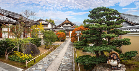 Landmarks Japan. Architecture of kyoto. Ancient buildings in buddhist style. Japanese temples with blue sky. National landmarks of Japan. Kyoto in sunny weather. Excursions in kyoto. Travel in Japan