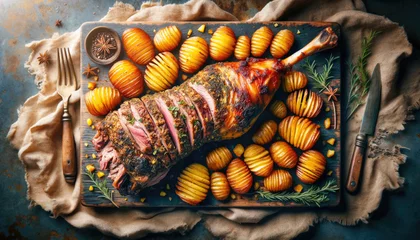Schilderijen op glas Easter leg of lamb with roasted potatoes and rosemary on wooden board. © Svetlana Kolpakova