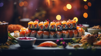 Naklejka na ściany i meble A beautifully arranged sushi platter bookend lights