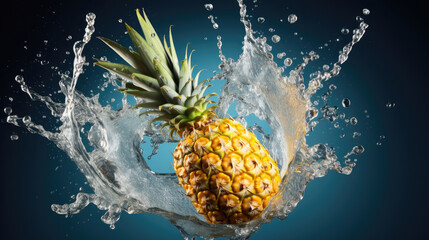 Smooth Fresh ripe organic Pineapple Tropical Fruits falling into water and splashes created with Generative AI Technology