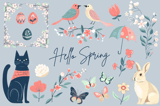 Spring collection. Hand drawn spring elements flowers, cat, bird, bunny. Vector illustration. Trendy spring design