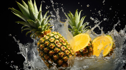 Smooth Fresh ripe organic Pineapple Tropical Fruits slices and falling into water and splashes created with Generative AI Technology