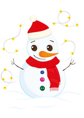 Snowman in a red hat, scarf and multi-colored buttons on a white background vector hand drawing