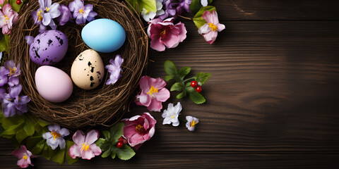 Easter eggs and apple blossom, Happy easter. easter background. bright colorful eggs in nest with spring flowers over wooden dark background

