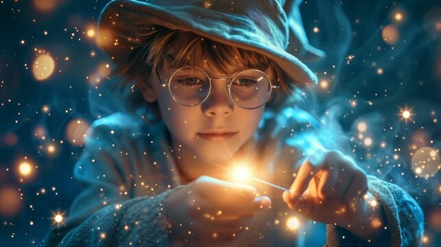 Wizard boy in eyeglasses with magic wand and magic hat