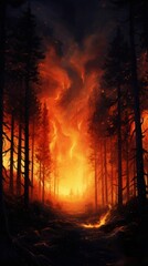 A painting of a fire burning in a forest