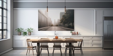 -rendered mock-up of a kitchen with a table, chairs, windows, and a large horizontal poster on the wall.