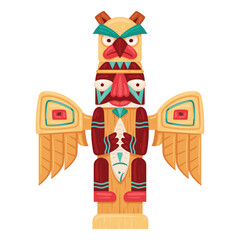 Aboriginal tiki totem. Cartoon wooden pole totem idol, ethnic hawaiian or african culture totem, ritual idol statue flat vector illustration. Indigenous idol winged sculpture
