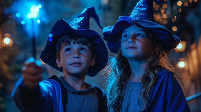 Wizard boy and girl with magic wand and magic hat
