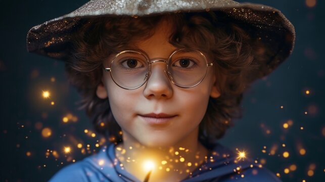 Wizard boy in eyeglasses with magic wand and magic hat