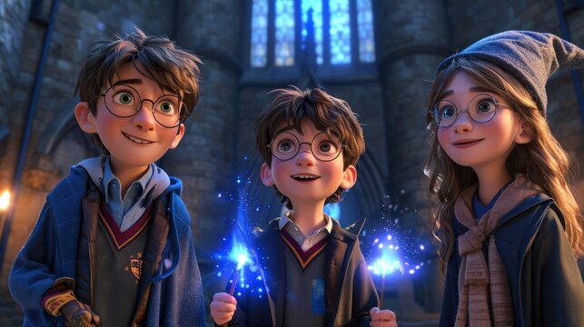 Wizard boys and girl with magic wand and magic hat in cartoon style