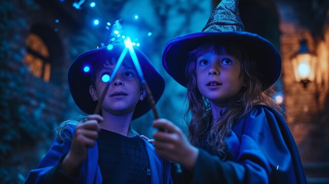 Wizard boy and girl with magic wand and magic hat