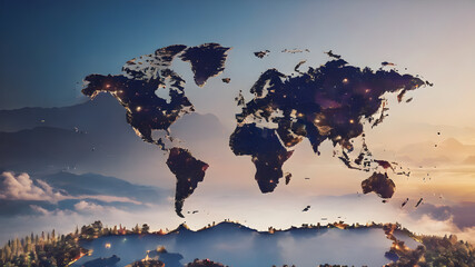  Polygonal mesh network map of world of lines and points, dots and connections. AI generated image, ai