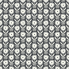 Hand drawn seamless pattern with decorative doodle flowers, repeat pattern with flowers and leaves