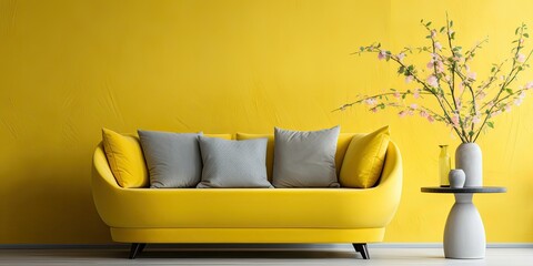Yellow vase with luxury sofa in living room at home.