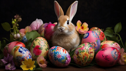 Cute rabbit and Easter eggs on a dark background. Happy Easter day concept and idea.Generative AI