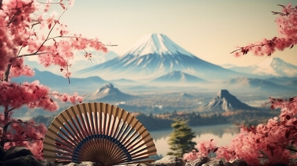 Traditional Japanese fan sensu, pink blossom with Fujiyama mountain background - obrazy, fototapety, plakaty