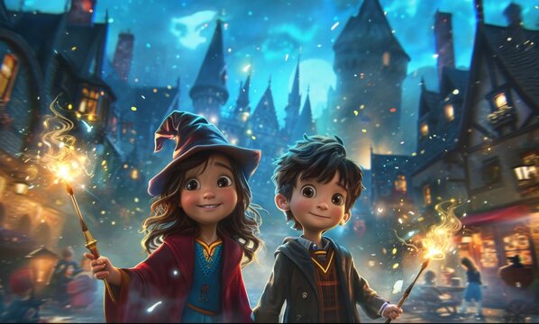 Wizard boy and girl with magic wand and magic hat in cartoon style