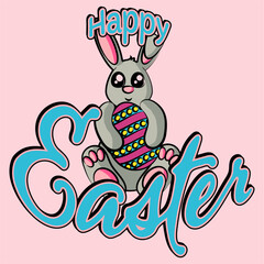 Colourful cute Easter bunny holding an Easter Egg with Happy Easter text in a Cartoon style