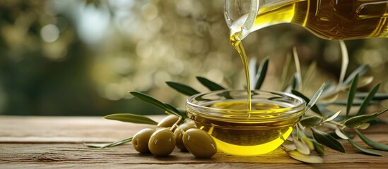 Pouring of organic olive oil from a carafe into a glass bowl