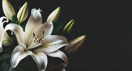 Obraz premium Sympathy card with white lily flowers isolated on black background, copy space