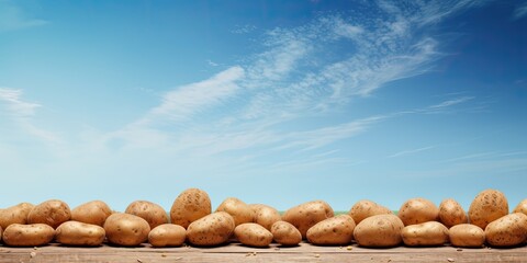 Fototapeta na wymiar Potatoes on table with field and sky.