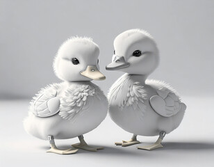 Cute two three-dimensional white cartoon ducklings on white background