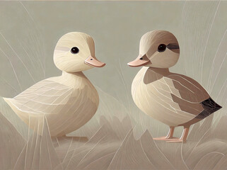 Two ducklings in geometric paper cut style - obrazy, fototapety, plakaty