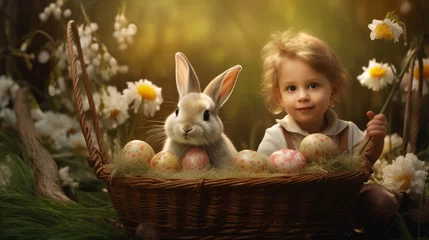 Poster children with a rabbit and eggs in a basket. Easter.Generative AI © Артур Комис