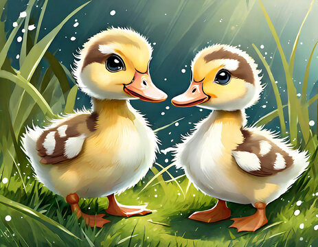 Two cute ducks illustration, cartoon style