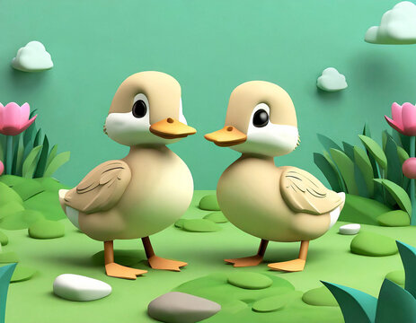 Cute two cartoon ducklings, three-dimensional