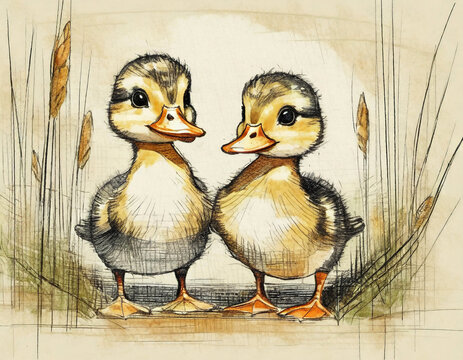 Two cute ducklings, water-colour illustration