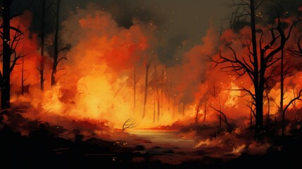 A painting of a fire burning in a forest