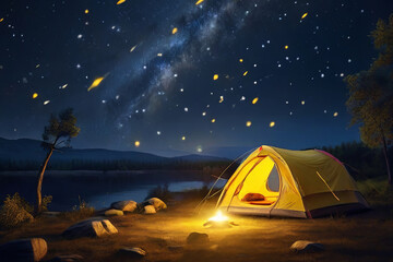 Fototapeta na wymiar Starry night camp. Yellow light inside tent, shooting stars backdrop. Capturing the essence of holiday camping under the stars.