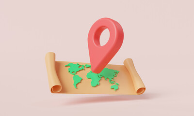 Red Location mark with folded paper map. GPS navigation, World map International, Travel object, Trip planning, Travel to World, Travel transport. Travel and tourism concept. 3d render illustration