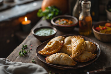 A plate full of homemade empanadas and dips, moody contrast setting. Wooden table kitchen. Latin...