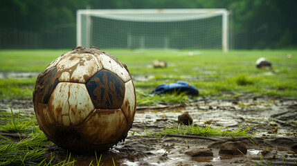An old deflated soccer ball in a field of grass and mud with a soccer goal in the background - Powered by Adobe