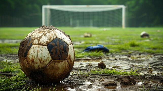 An old deflated soccer ball in a field of grass and mud with a soccer goal in the background