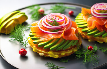 Smoked salmon with avocado and red onion on  potato cakes.