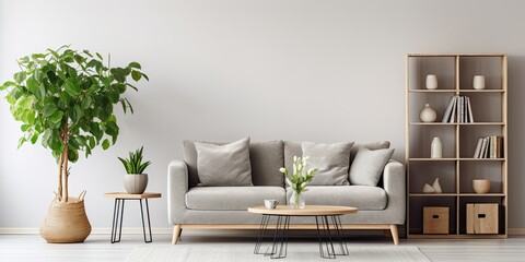 Scandi-style living room with gray sofa, coffee table, shelf, plants, and elegant decor.