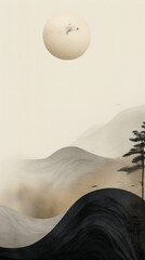 A painting of a landscape with a tree and a moon in the sky