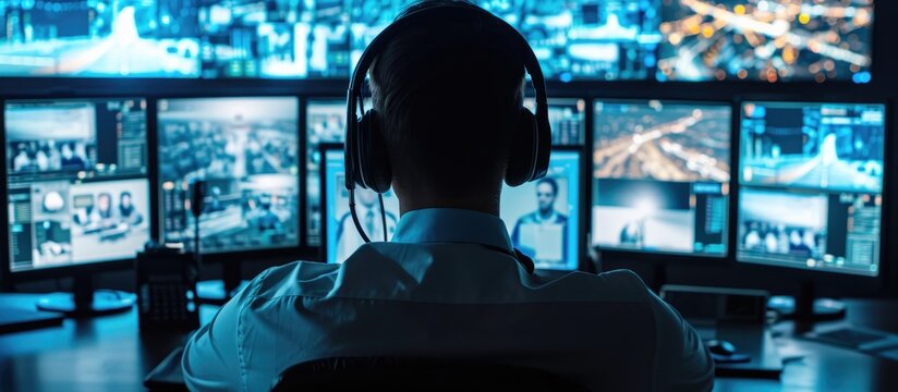 Data scientist uses computer and headset to monitor people on city streets in control room.