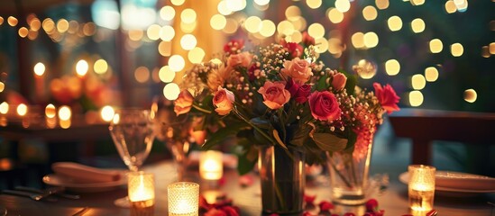 Surprising engagement at a luxurious restaurant with decorated flowers and candles for a romantic Valentine's Day dinner. - obrazy, fototapety, plakaty
