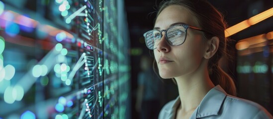 Female engineer brainstorming cybersecurity and data center backup ideas in a server room, inspecting digital software and hardware in the basement.