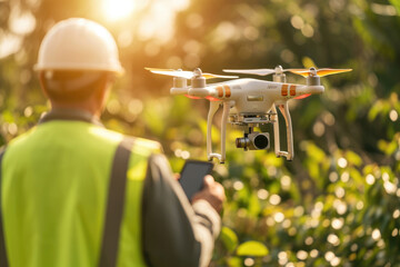 A farmer operates a quadcopter to survey his fields
