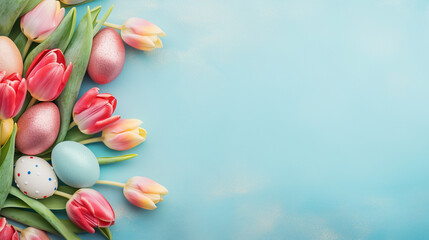 Fototapeta na wymiar A bouquet of delicate tulips on a light blue background. Holiday card, place for text.Generative AI