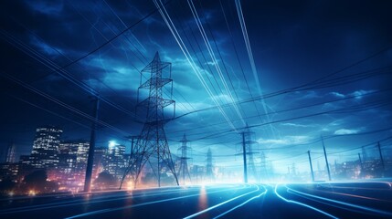 high-voltage tower and power lines, blurry city lights at night, 16:9